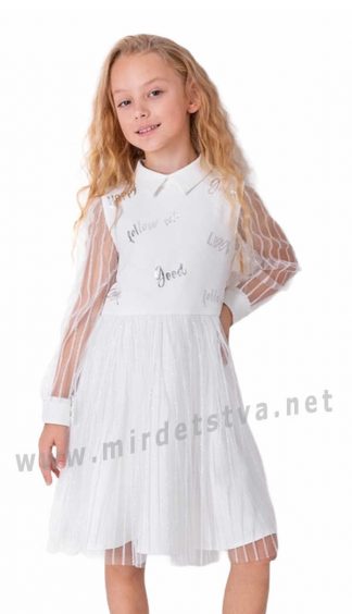 Стильное детское праздничное белое платье с отложным воротничком Mevis 4049-01