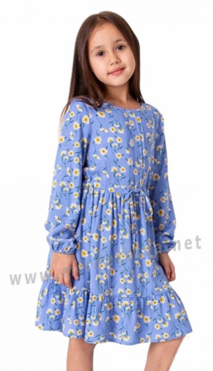 Хлопковое голубое платье с цветочным принтом на девочку Mevis 4228-01