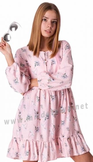 Розовое платье с цветочным принтом на девочку — подростка Mevis 4229-02